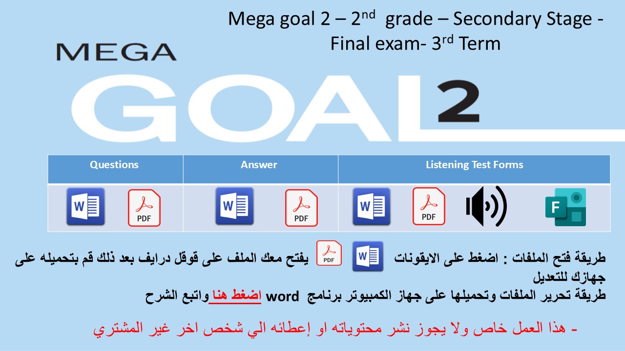 الاختبار النهائي منهج MG2 - English 2.3 الفصل الدراسي الثالث - الصف الثاني الثانوي + اختبار استماع ( تصحيح عادي)